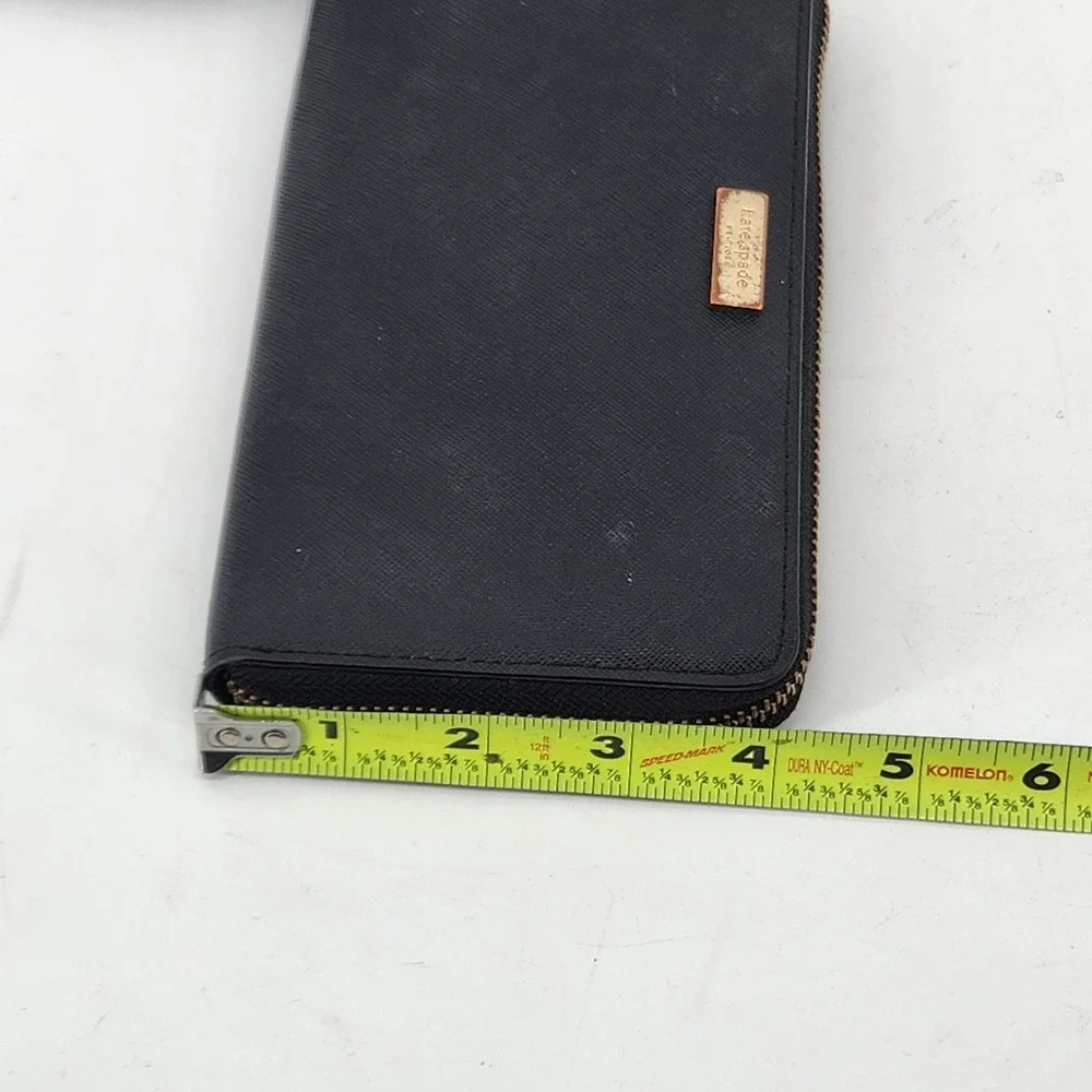 Kate Spade New York Black Leather Zip Around Wristlet Wallet Gold Logo 7x4